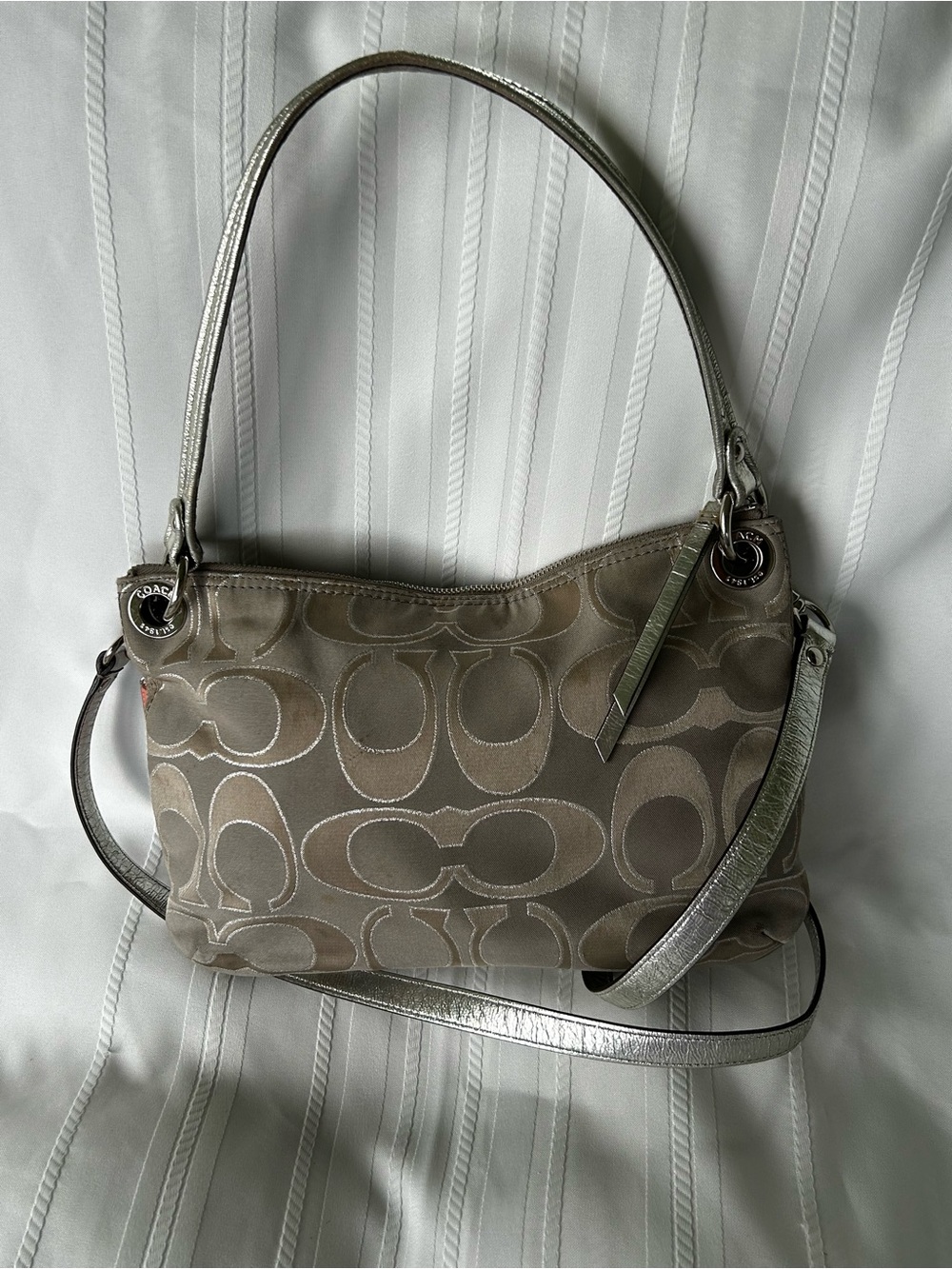Coach Poppy Crossbody Shoulder Bag Gray Beige Sateen Silver Leather Buckles Pink - Picture 5 of 16